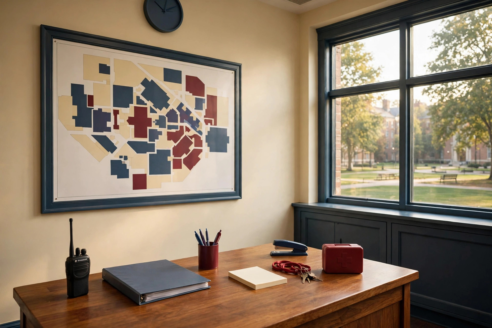 A campus safety office desk in the morning: a radio, a closed binder, and a wall map of campus with blank colour zones